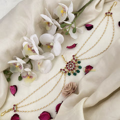 Vriksham Red White Floral Kundan Jadau Sheeshphool-Green Bead-J2785