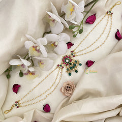 Vriksham Premium Lotus Kundan Jadau Sheeshphool-Red Green-Green Bead-J2775