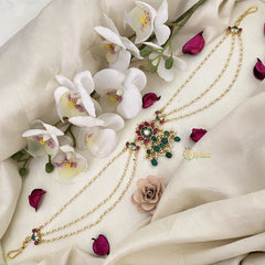 Vriksham Premium Lotus Kundan Jadau Sheeshphool-Red Green-Green Bead-J2775