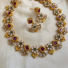 Unique AD Stone Floral Short Choker Neckpiece-Red Green-G12182