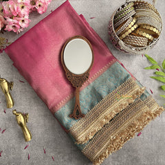 Vriksham Janhvi Kapoor Pink With Sky Blue Organza Saree-Lace Border-Handloom-VS4229