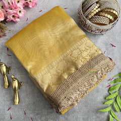 Vriksham Janhvi Kapoor Mustard Yellow Organza Saree-Lace Border-Handloom-VS4233