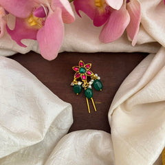 Premium Jadau Flower Juda Pin-Pearl-Green Beads-G13162