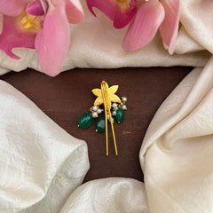 Premium Jadau Flower Juda Pin-Pearl-Green Beads-G13162