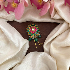 Unique Jadau Floral Juda Pin-Pearl-Green Beads-G13166