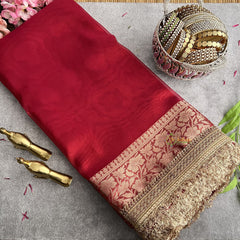 Vriksham Janhvi Kapoor Red Organza Saree-Lace Border-Handloom-VS4230