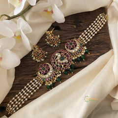 Vriksham Precious Kemp Flower High Neck Choker-Green Bead-Red Green-G15788