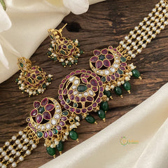 Vriksham Precious Kemp Flower High Neck Choker-Green Bead-Red Green-G15788