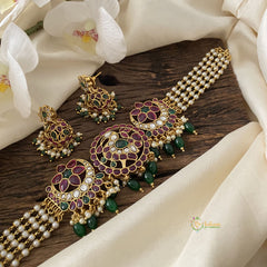 Vriksham Precious Kemp Flower High Neck Choker-Green Bead-Red Green-G15788