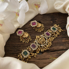 Vriksham Premium Lakshmi AD Stone High Neck Choker-Red Green-Gold Bead-G15803