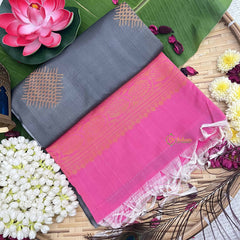 Vriksham Grey Squared Design With Gadwal Pink Border Semi Soft Silk Saree-VS4883