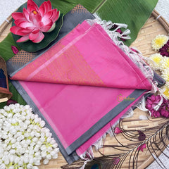 Vriksham Grey Squared Design With Gadwal Pink Border Semi Soft Silk Saree-VS4883
