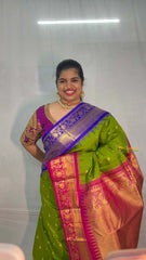 Vriksham Parrot Green & Dual Blue Pink Border With Golden Zari Border Pure Silk Saree-VS4997