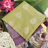 Vriksham Bud Green With Leaf Golden Butta & Zari Work Lavender Border Semi Soft Silk Saree-VS4896