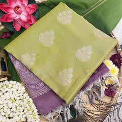 Vriksham Bud Green With Leaf Golden Butta & Zari Work Lavender Border Semi Soft Silk Saree-VS4896