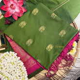 Vriksham Olive Green With Peacock Golden Butta & Zari Work Pink Border Semi Soft Silk Saree-VS4892