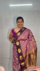 Vriksham Onion Pink With Copy Peacock Border Kanchi Pure Silk Saree-VS4983