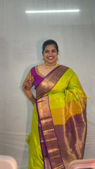 Vriksham Parrot Green Shade With Purple Gold Zari Korvai Pure Silk Saree-VS4982