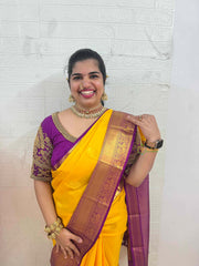 Vriksham Amber Yellow Shade With Maroon Gold Zari Korvai Pure Silk Saree-VS4979