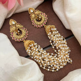 Elegant Dual Peacock Jada Billai with Pearl Maatil-Bun Billai-Red-G13083