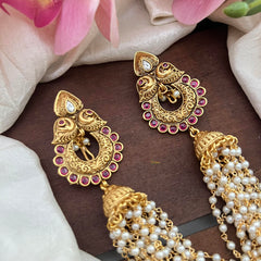 Elegant Dual Peacock Jada Billai with Pearl Maatil-Bun Billai-Red-G13083