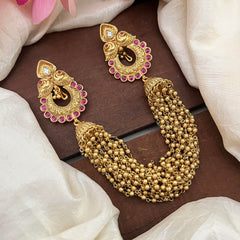 Elegant Dual Peacock Jada Billai with Golden Pearl Maatil-Bun Billai-Red-G13084