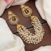 Elegant Dual Peacock Jada Billai with Pearl Maatil-Bun Billai-Red Green-G13085