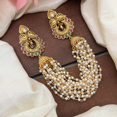 Elegant Dual Peacock Jada Billai with Pearl Maatil-Bun Billai-Red Green-G13085