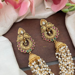 Elegant Dual Peacock Jada Billai with Pearl Maatil-Bun Billai-Red Green-G13085