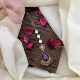 Vriksham Natural Jadau Stone Maang Tikka-Purple-Golden Pearl-G16018