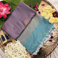 Vriksham Dusty Lavender Squared Design With Gadwal Sky Border Semi Soft Silk Saree-VS4878