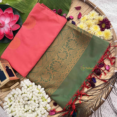 Vriksham Coral Pink With Butta & Green Border Semi Soft Silk Saree-VS4889