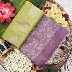 Vriksham Bud Green With Leaf Golden Butta & Zari Work Lavender Border Semi Soft Silk Saree-VS4896