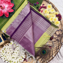 Vriksham Bud Green With Leaf Golden Butta & Zari Work Lavender Border Semi Soft Silk Saree-VS4896