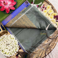 Vriksham Steel Blue Squared Design With Gadwal Green Border Semi Soft Silk Saree-VS4879