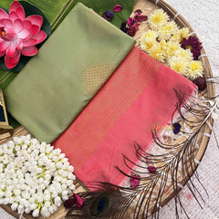 Vriksham Olive Green Squared Design With Gadwal Orange Border Semi Soft Silk Saree-VS4876