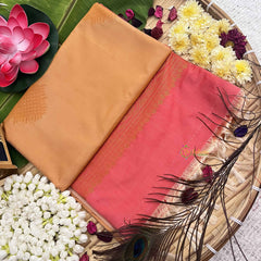 Vriksham Golden Orange Squared Design With Gadwal Orange Border Semi Soft Silk Saree-VS4882