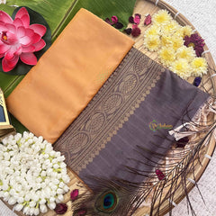 Vriksham Golden Orange Squared Design With Gadwal Grey Border Semi Soft Silk Saree-VS4880