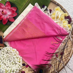 Vriksham White Squared Design With Gadwal Pink Border Semi Soft Silk Saree-VS4881