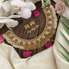 Vriksham Premium Cluster Pearl & Ghungroo Hasli Choker-Red Green-G17215