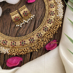 Vriksham Premium Cluster Pearl & Ghungroo Hasli Choker-Red Green-G17215