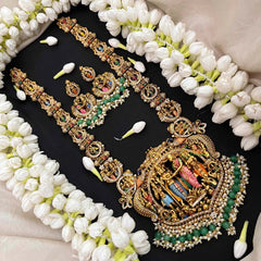 Vriksham Antique Gold Perumal Kalynam Long Neckpiece-Green Bead & Pearls-G21537