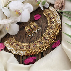 Vriksham Premium Cluster Pearl & Ghungroo Hasli Choker-Red Green-G17215