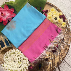 Vriksham Aqua Sky Squared Design With Gadwal Pink Border Semi Soft Silk Saree-VS4877