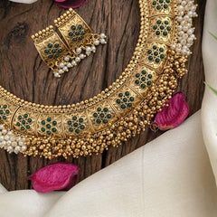 Vriksham Premium Cluster Pearl & Ghungroo Hasli Choker-Green-G17216