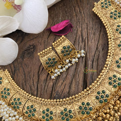 Vriksham Premium Cluster Pearl & Ghungroo Hasli Choker-Green-G17216
