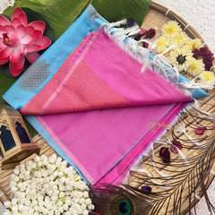 Vriksham Aqua Sky Squared Design With Gadwal Pink Border Semi Soft Silk Saree-VS4877