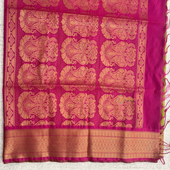 Vriksham Olive Green With Peacock Golden Butta & Zari Work Pink Border Semi Soft Silk Saree-VS4892