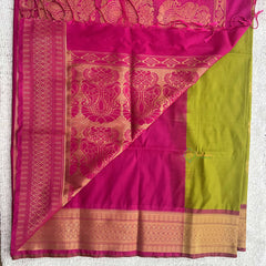 Vriksham Olive Green With Peacock Golden Butta & Zari Work Pink Border Semi Soft Silk Saree-VS4892