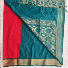 Vriksham Red With Golden Butta & Zari Work Green Border Semi Soft Silk Saree-VS4891